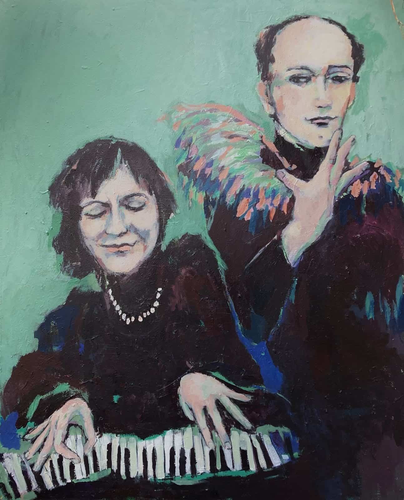 Gemälde mit einer Frau mit Klavier und einem Mann mit Federboa