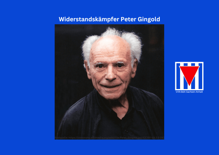 Porträtfoto von Peter Gingold und Logo des VVN-BdA Sachsen-Anhalt