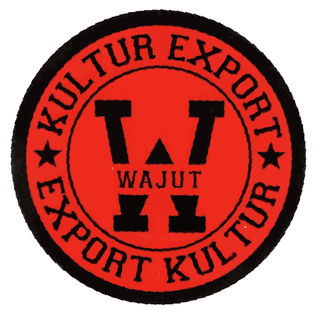 Rundes Logo, Text mittig: WAJUT, Text außen: Kulturexport