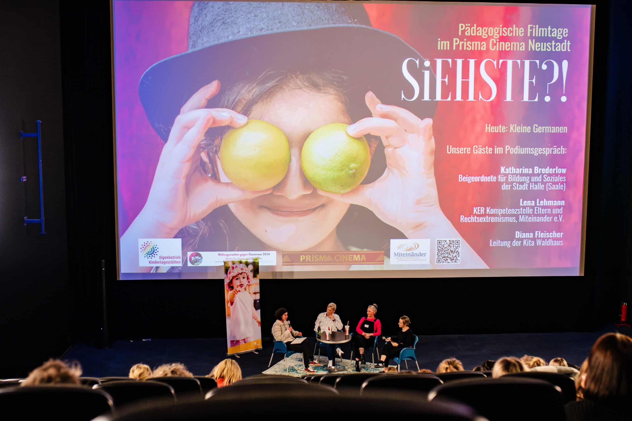 Podiumsdiskussion mit vier Personen im gut gefüllten Kino.